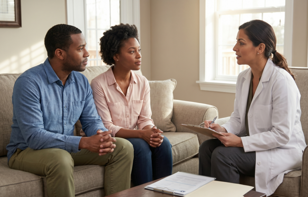 man and woman talk to a doctor about fertility options